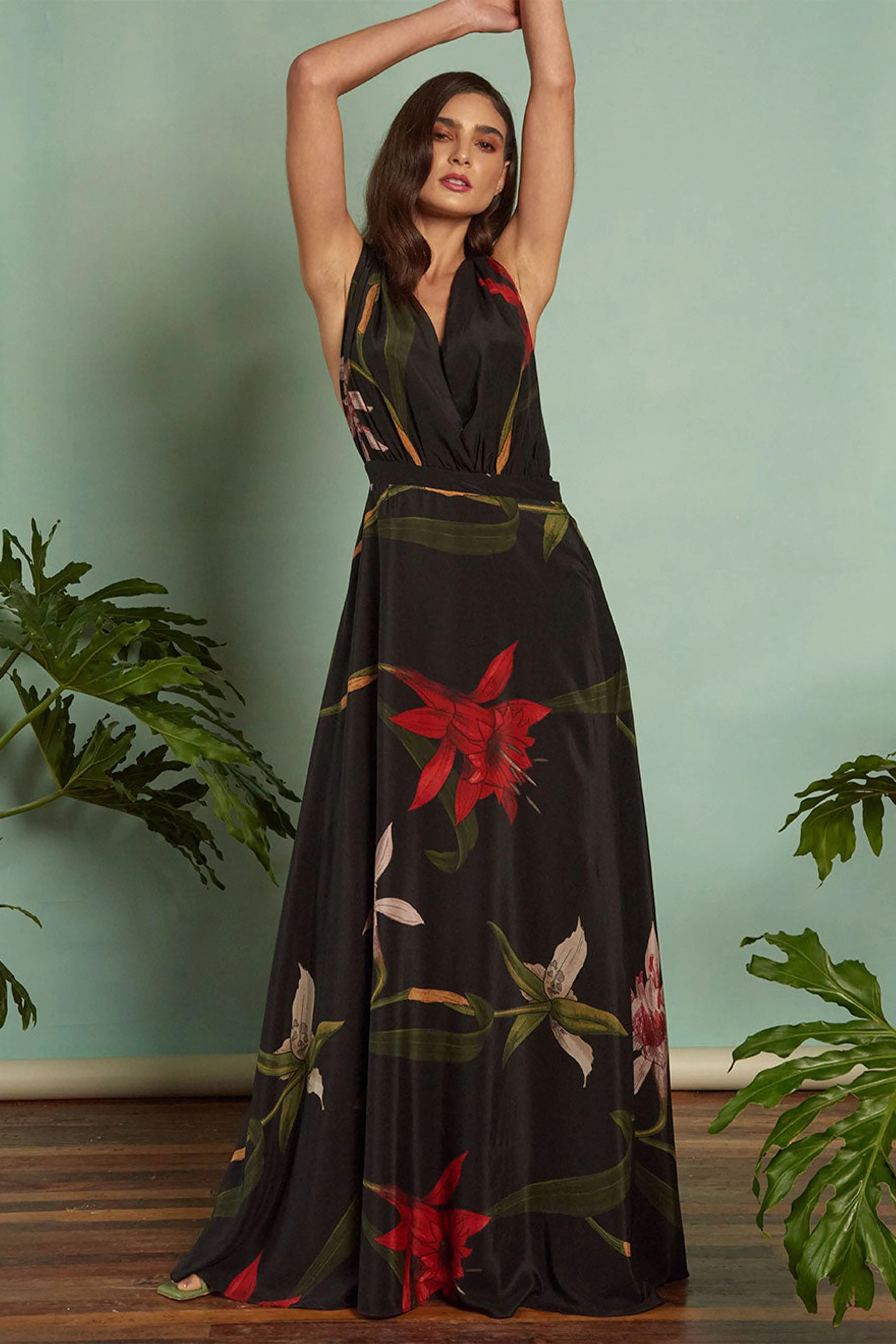 Black Flora Deep V Maxi Dress