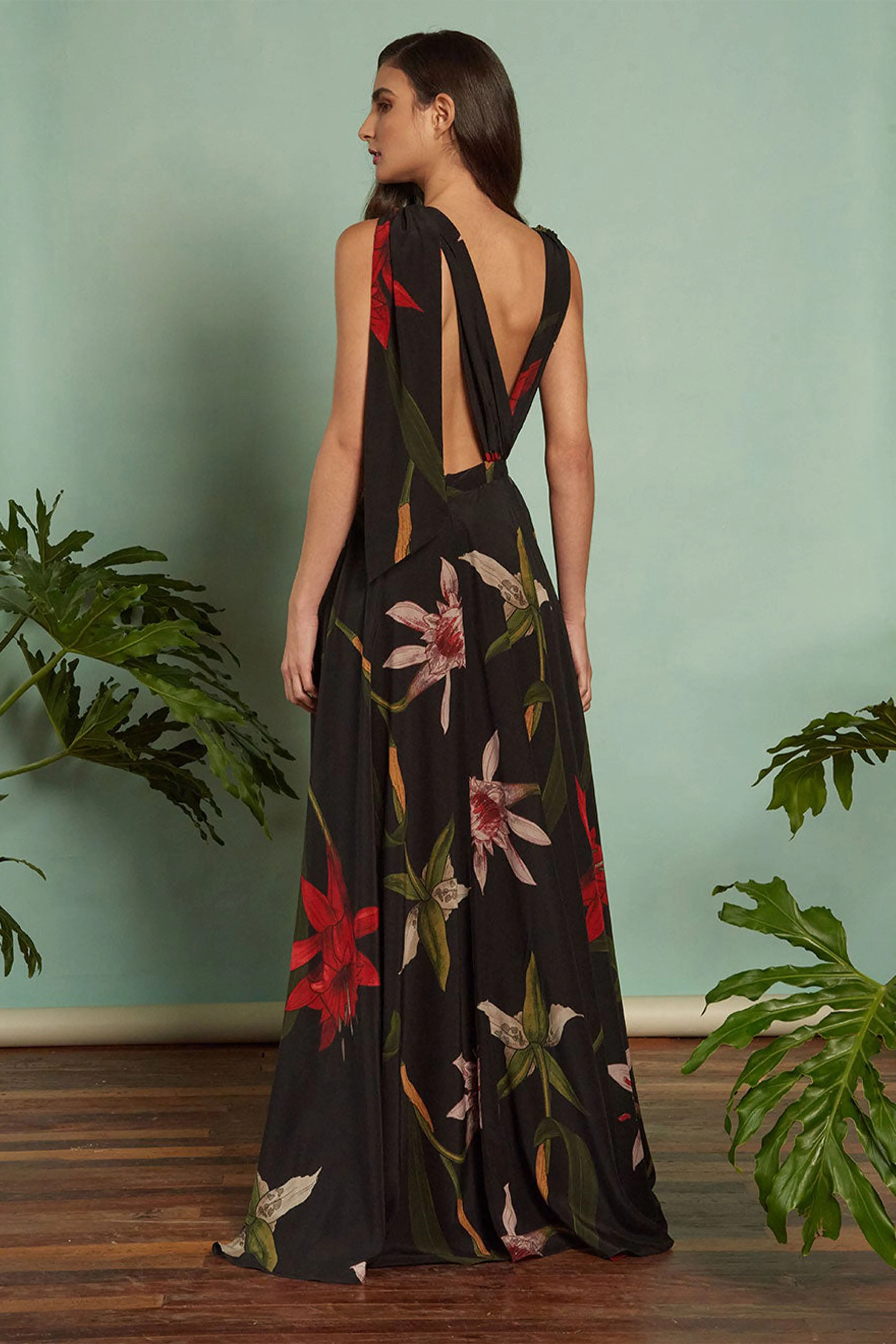 Black Flora Deep V Maxi Dress