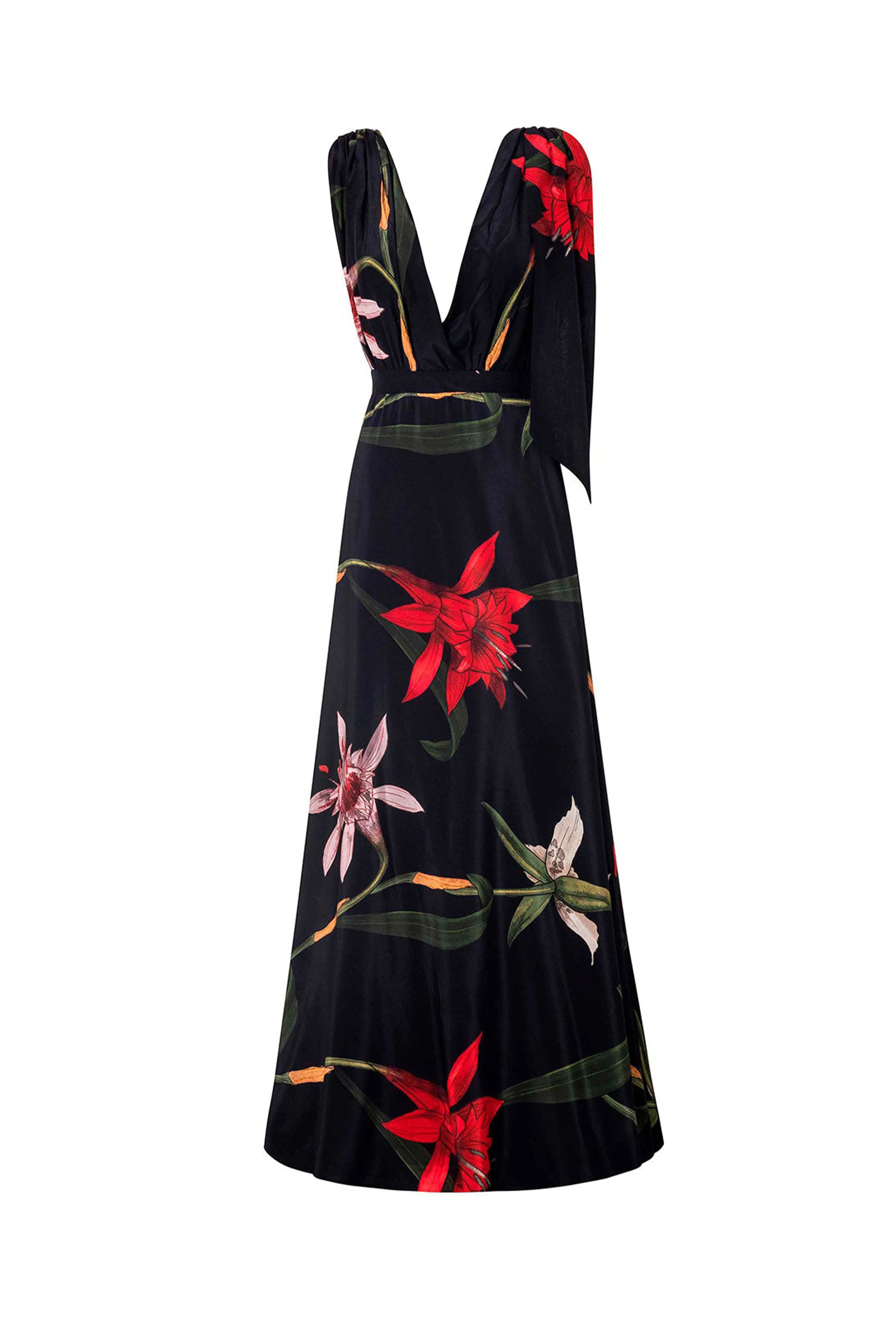 Black Flora Deep V Maxi Dress