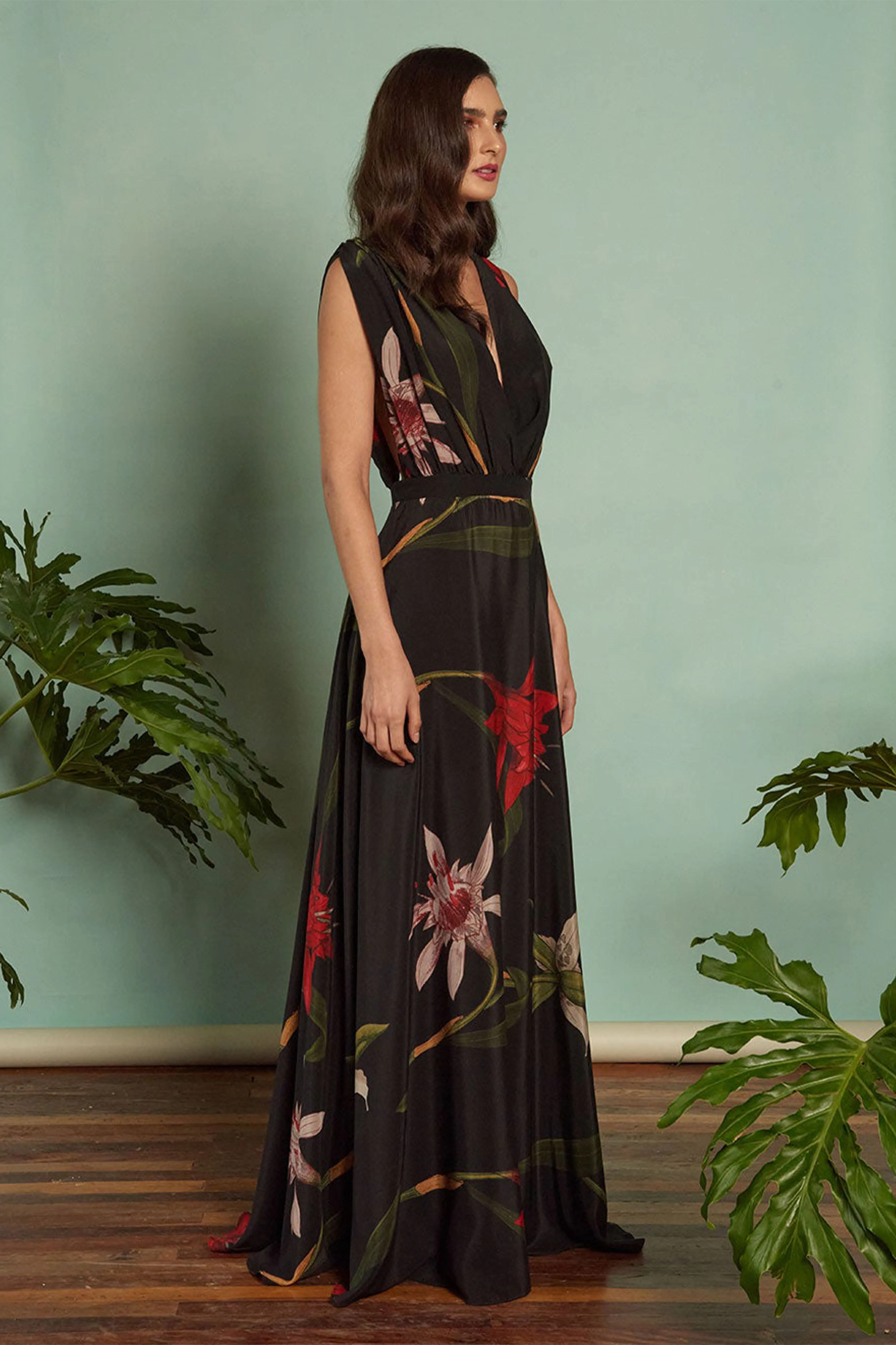 Black Flora Deep V Maxi Dress