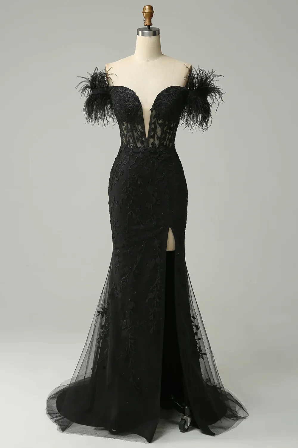 Black Off Shoulder Mermaid Long Prom Dress with Feathers,DP1532