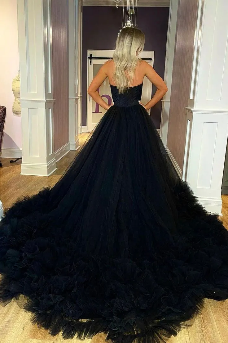 Black Strapless Tulle Long Ball Gown A-Line Evening Dress,DP812