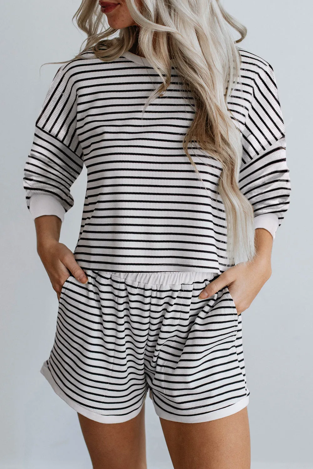 Black Stripe Textured 3/4 Sleeve Top and Shorts Set