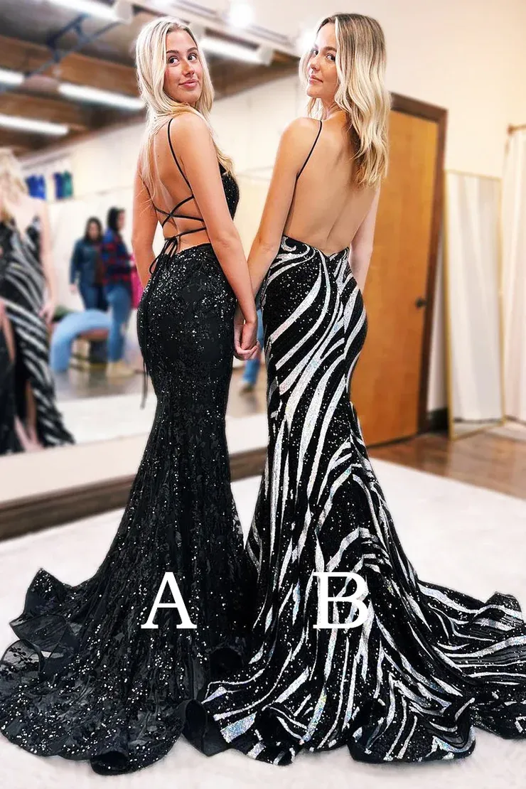 Black V Neck Sequins Backless Mermaid Long Prom Dresses,DP1379