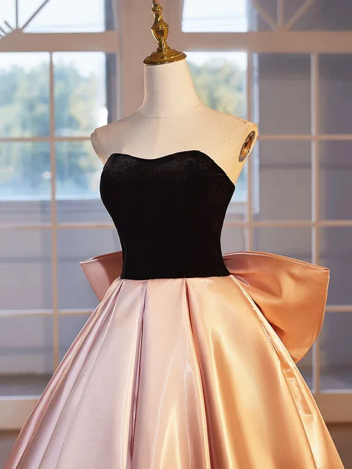 Black Velvet and Pink Satin Beautiful A-Line Strapless Party Dress Evening Gown, DP2476