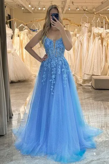 Blue A-Line Straps Lace Appliques Long Prom Dress Formal Party Dress,DP1282