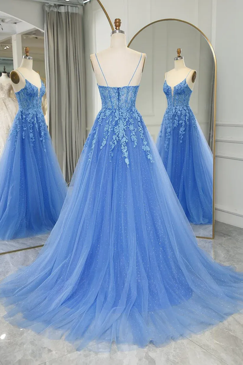 Blue A-Line Straps Lace Appliques Long Prom Dress Formal Party Dress,DP1282