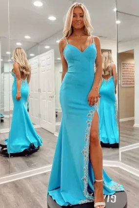 Blue Beaded V-Neck Backless Mermaid Long Prom Dress with Slit,DP1330