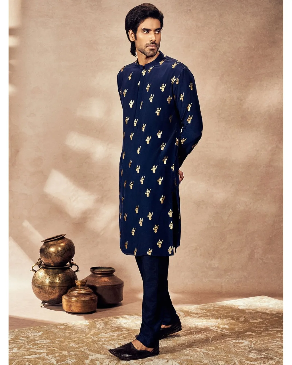 Blue Ganesha Foil Kurta Set