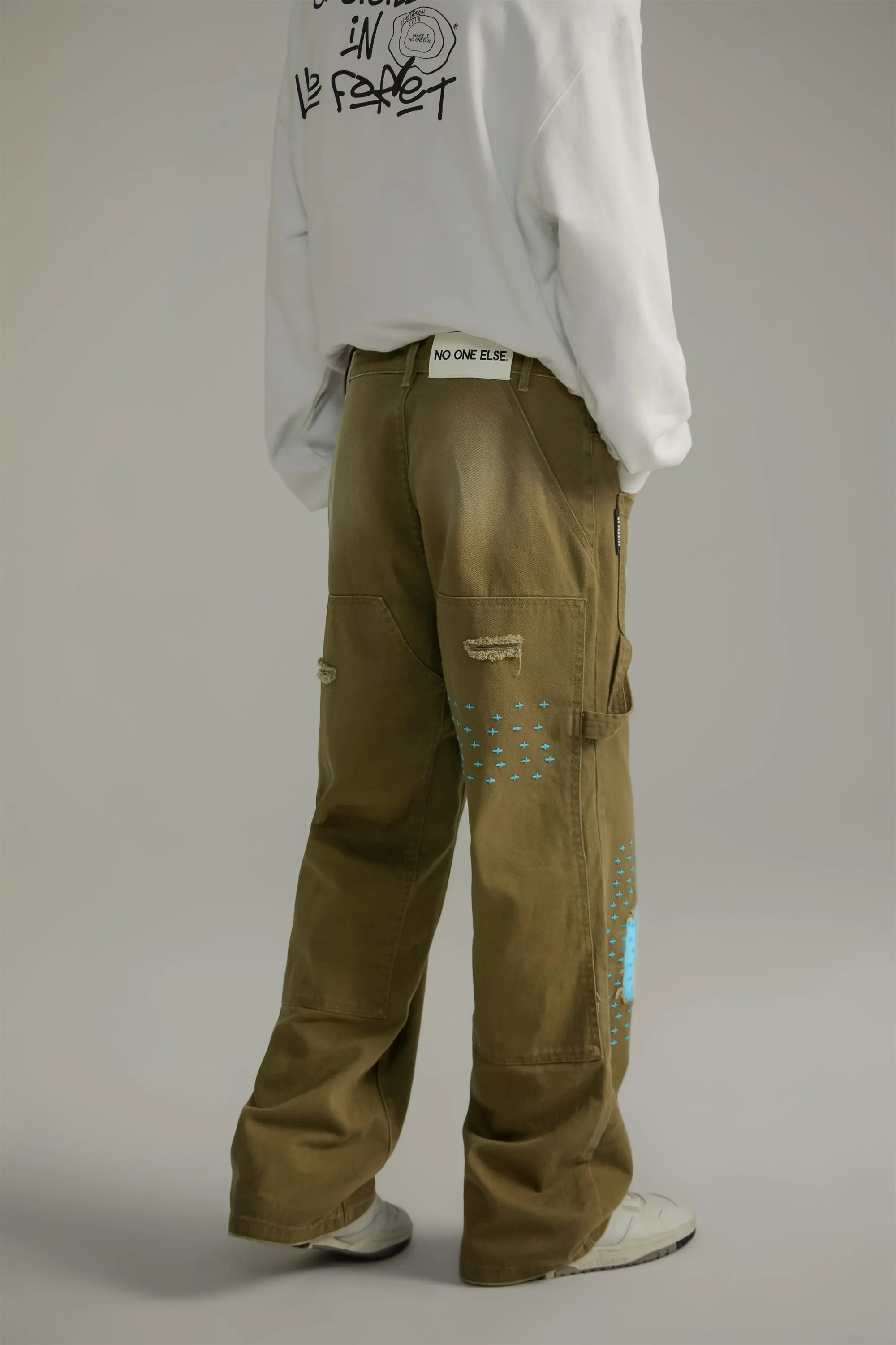 Blue Stitches Khaki Straight Pants