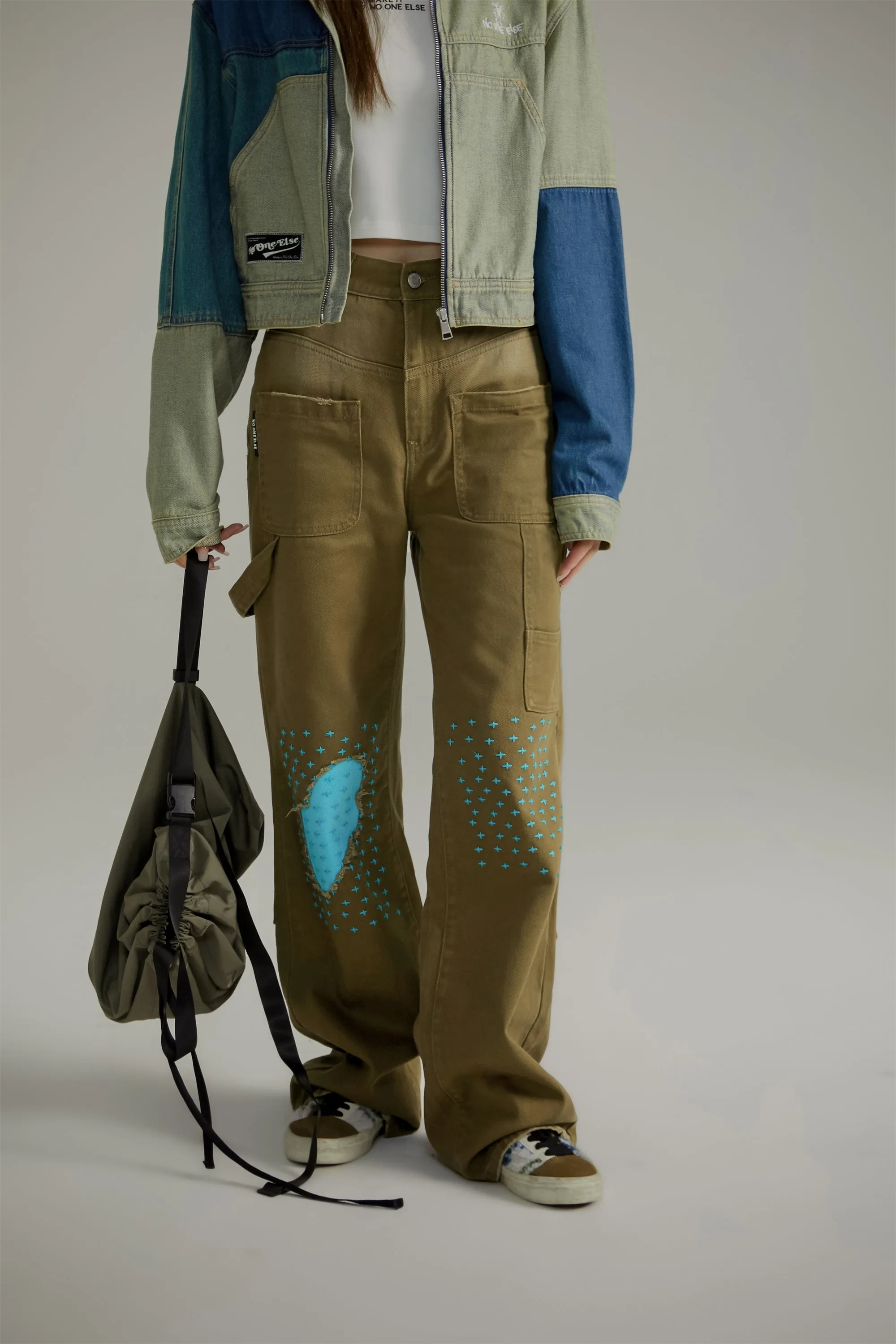 Blue Stitches Khaki Straight Pants