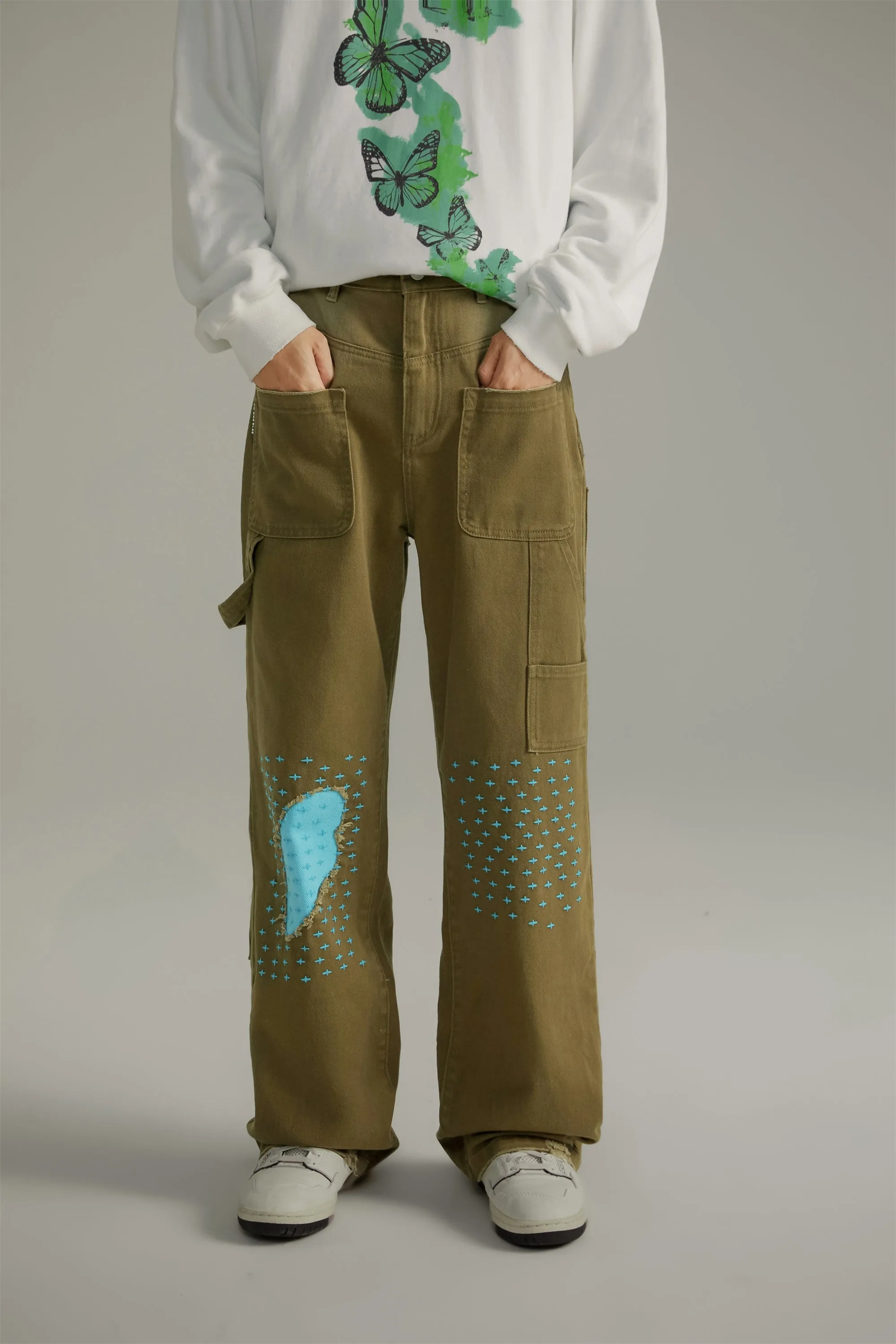 Blue Stitches Khaki Straight Pants