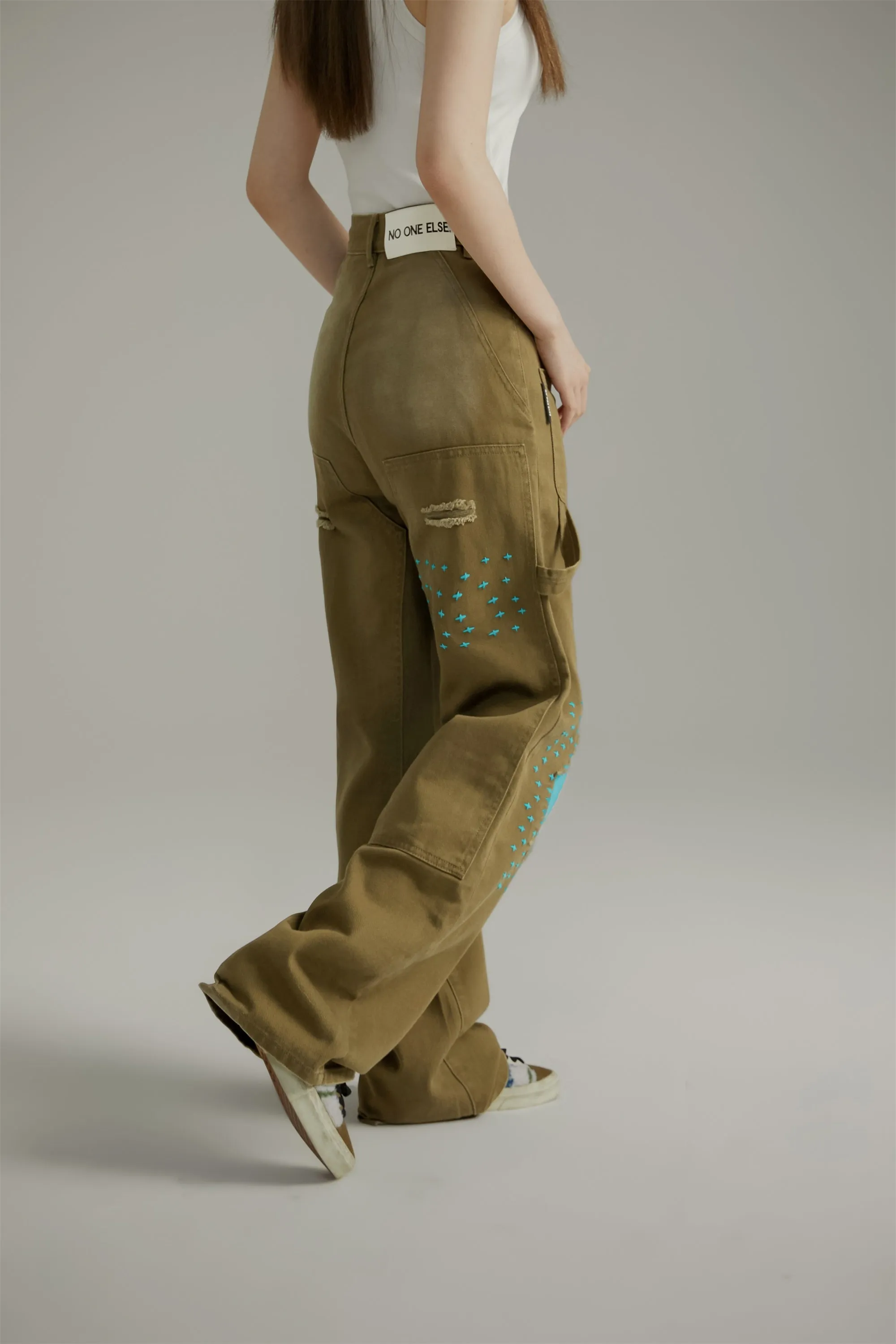 Blue Stitches Khaki Straight Pants