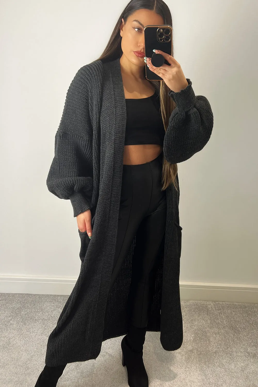 Bonnie Charcoal Longline Open Front Knitted Cardigan