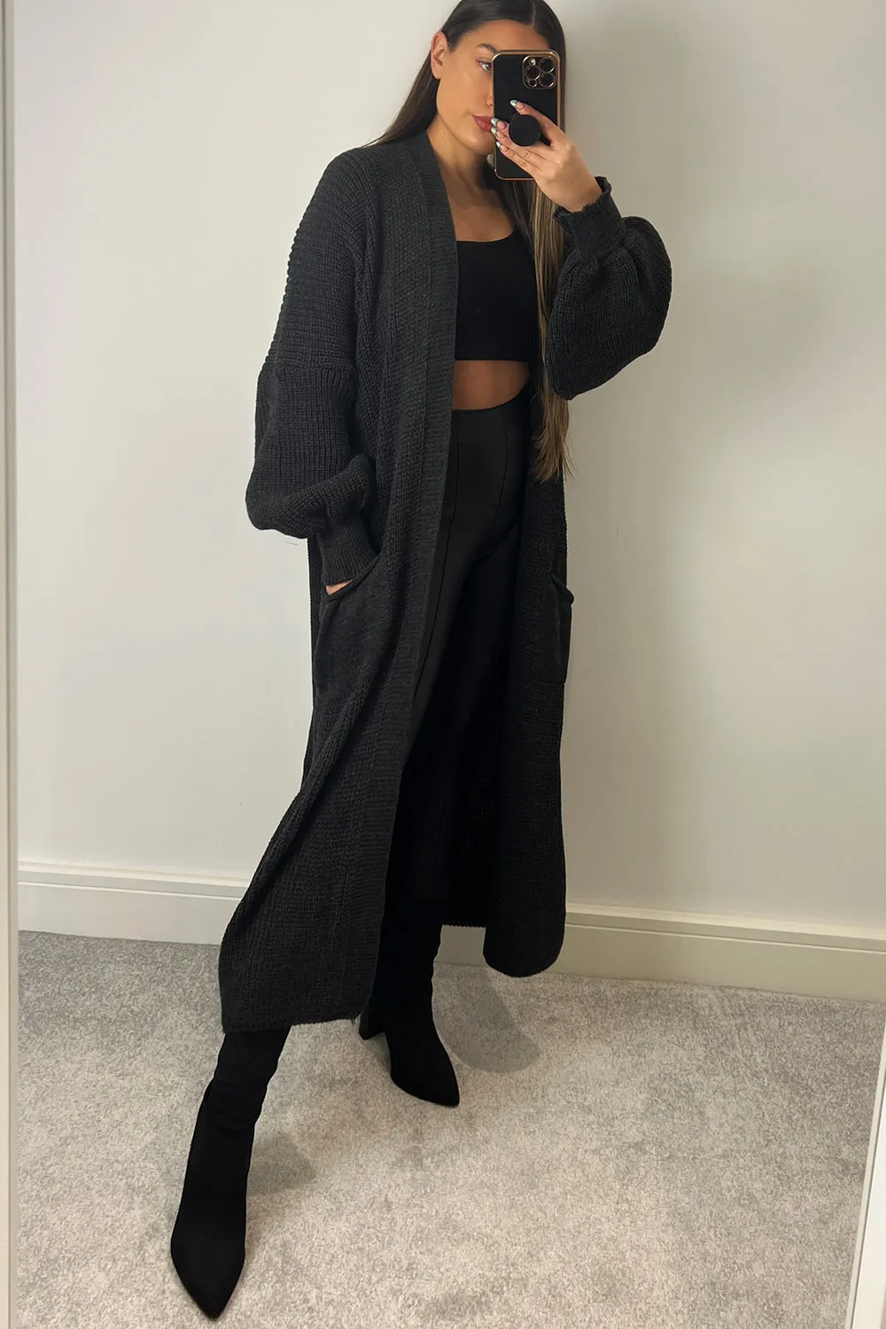 Bonnie Charcoal Longline Open Front Knitted Cardigan