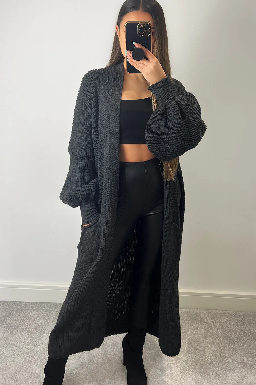 Bonnie Charcoal Longline Open Front Knitted Cardigan