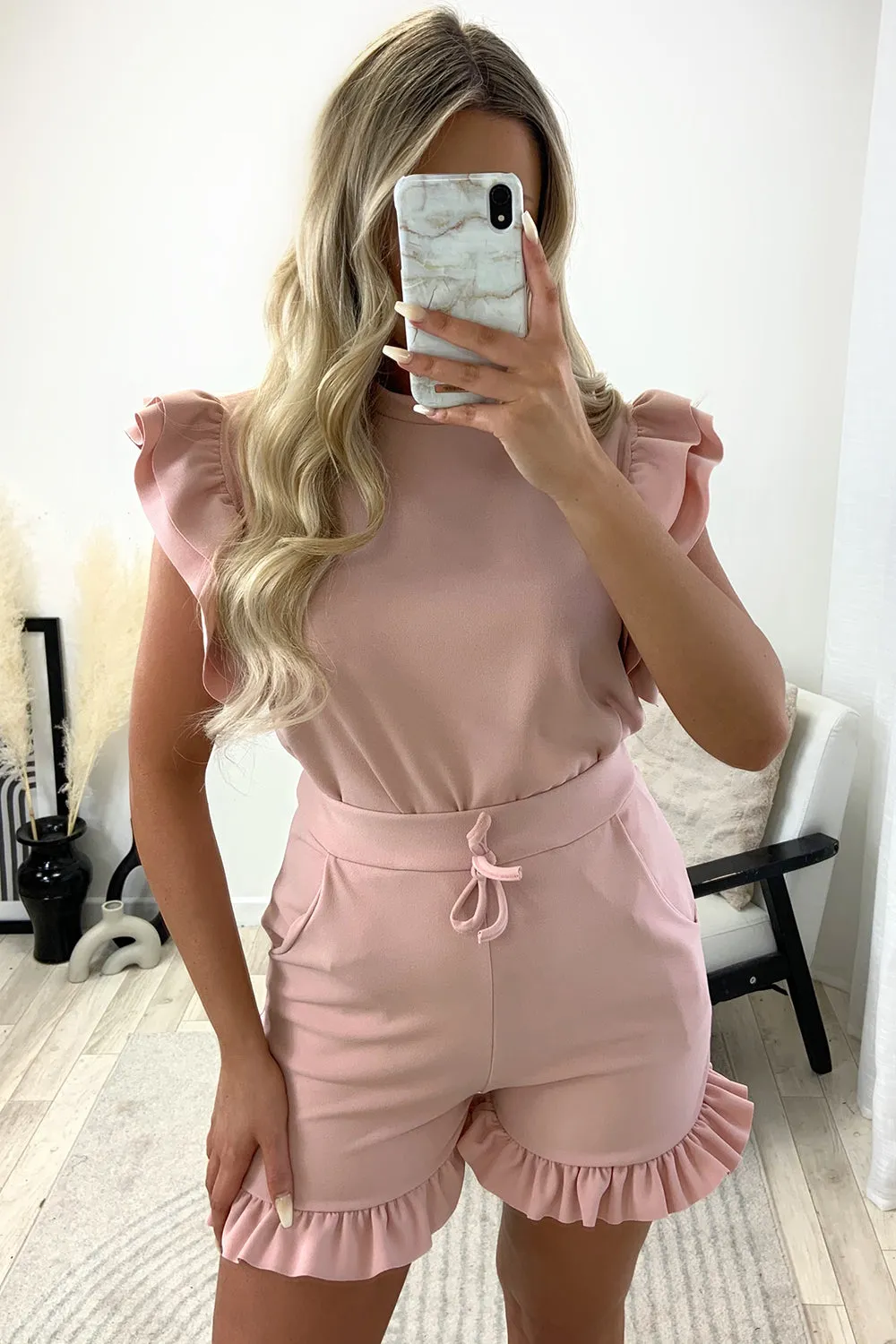 Bryony Blush Pink Frill Sleeve Top and Frill Hem Shorts Co-Ord Set