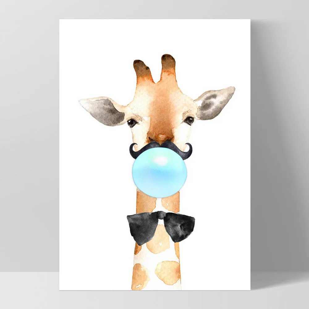 Bubblegum Giraffe Moustache | Blue Bubble - Art Print