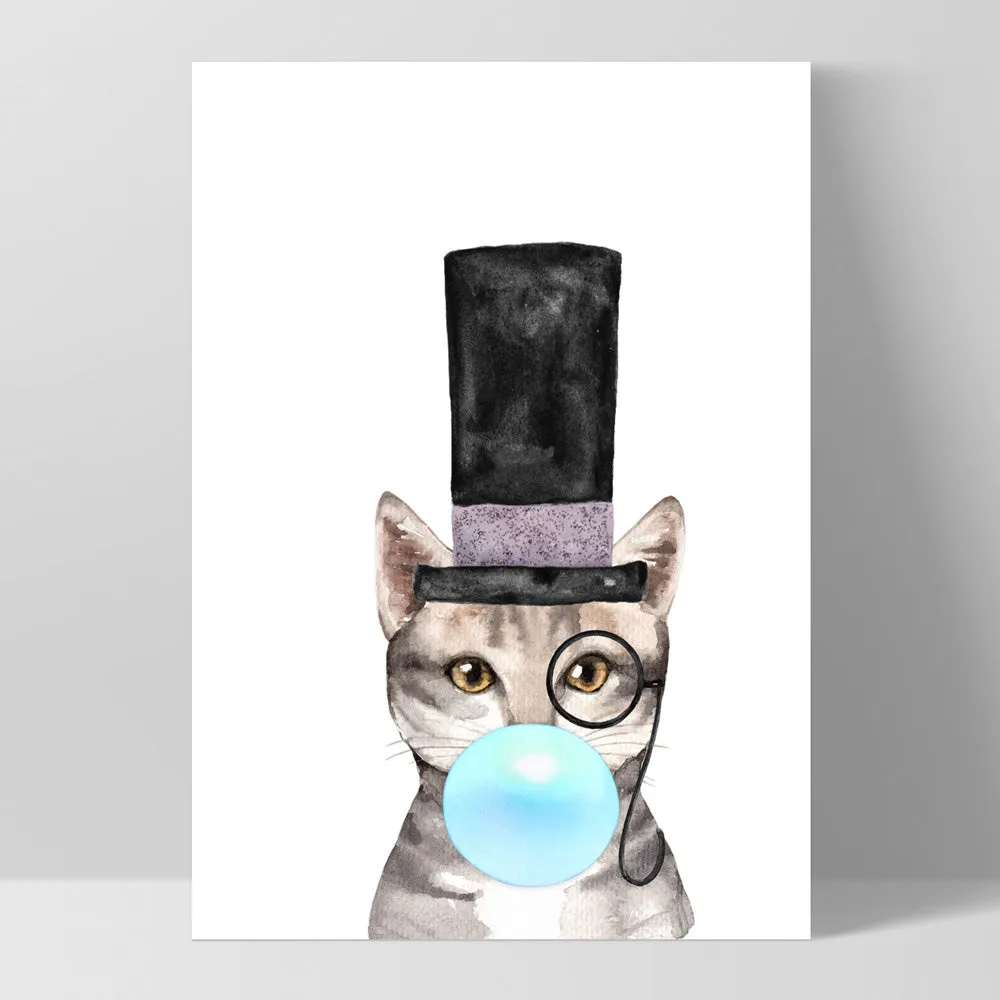 Bubblegum Tabby Top Hat Cat | Blue Bubble - Art Print