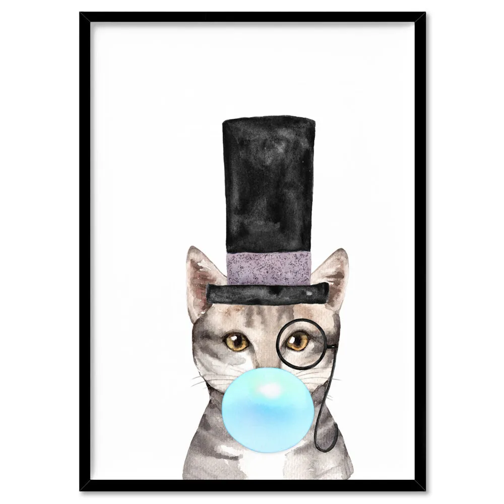 Bubblegum Tabby Top Hat Cat | Blue Bubble - Art Print