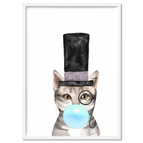 Bubblegum Tabby Top Hat Cat | Blue Bubble - Art Print