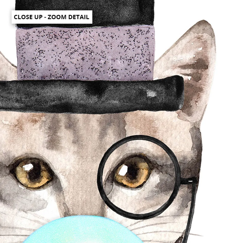 Bubblegum Tabby Top Hat Cat | Blue Bubble - Art Print