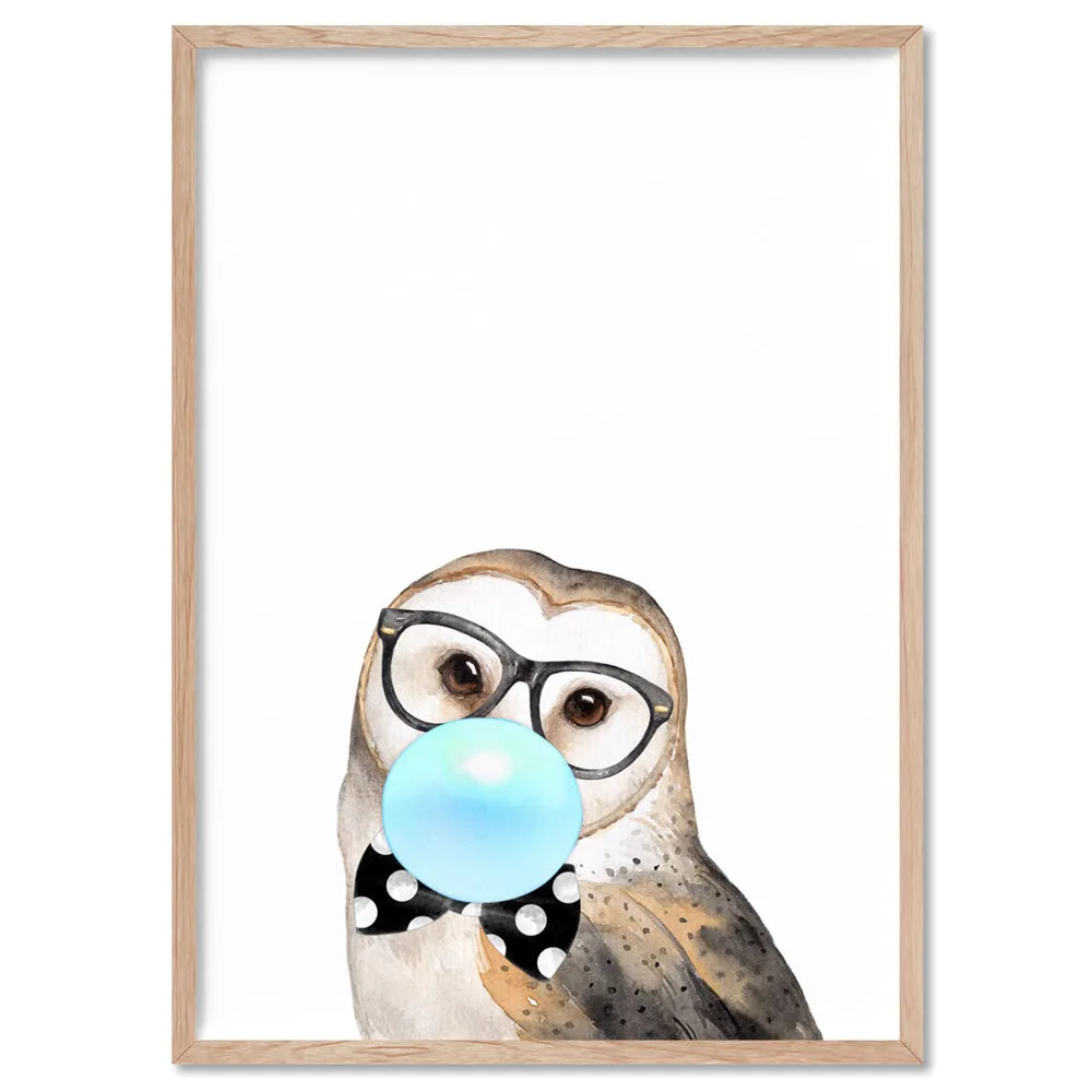 Bubblegum Wise Owl | Blue Bubble - Art Print