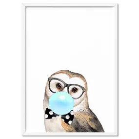 Bubblegum Wise Owl | Blue Bubble - Art Print