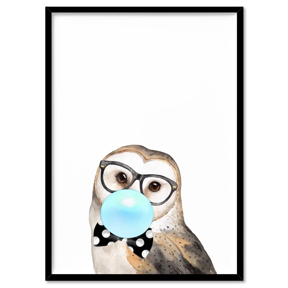 Bubblegum Wise Owl | Blue Bubble - Art Print