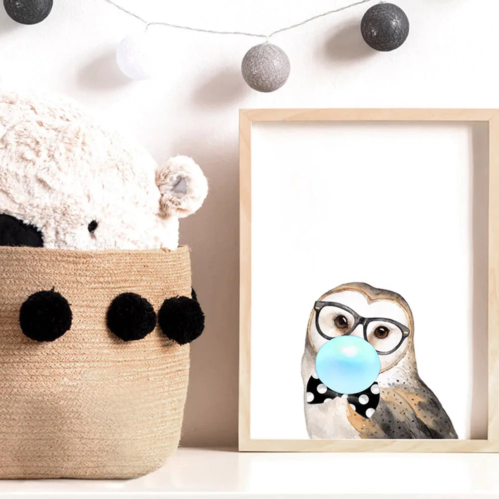 Bubblegum Wise Owl | Blue Bubble - Art Print