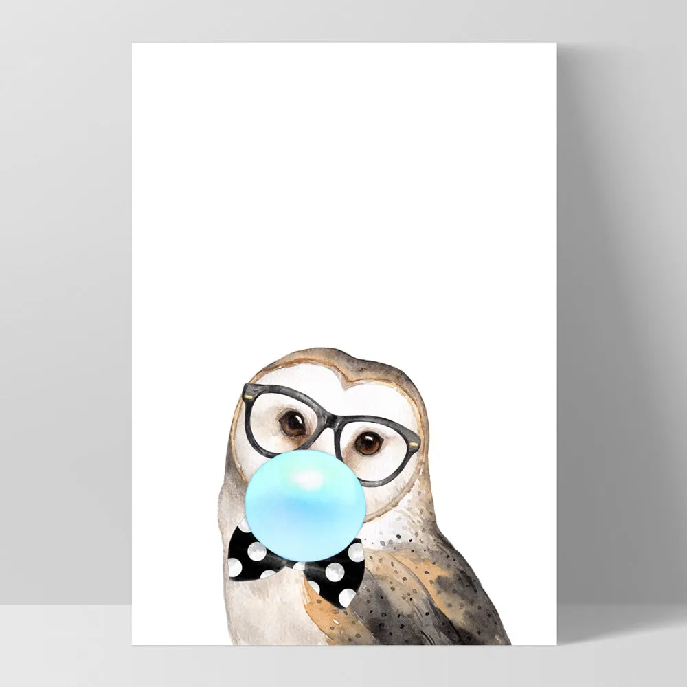 Bubblegum Wise Owl | Blue Bubble - Art Print