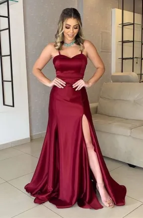 Burgundy A-Line Spaghetti Straps Long Prom Dress Evening Dress with Slit,DP602