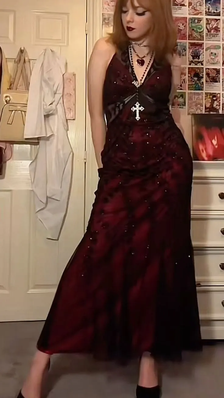 Burgundy Gothic V Neck Halter Lace Unique Long Prom Dress, DP2722