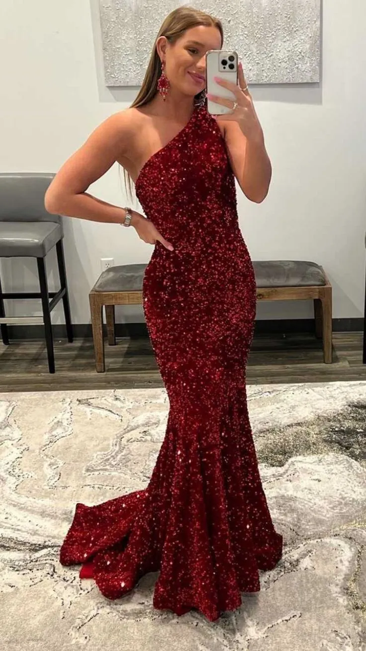 Burgundy One Shoulder Mermaid Sequins Long Prom Dress Formal Evening Dress,DP366