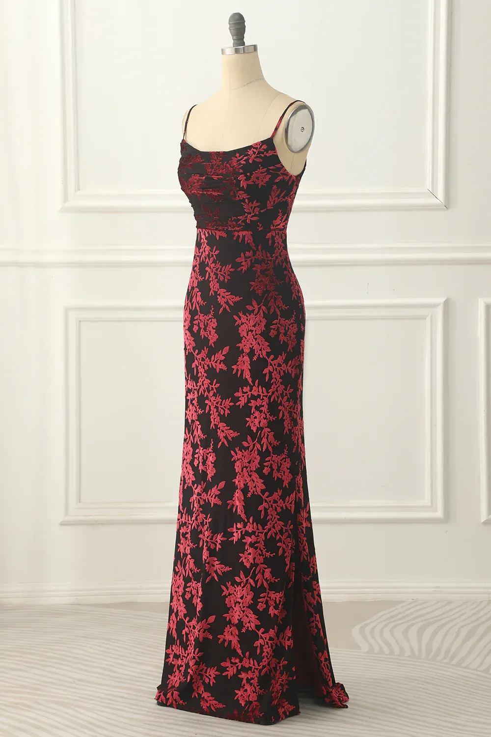 Burgundy Sheath Floral Burnout Velvet Long Prom Dress Formal Party Dress,DP1627