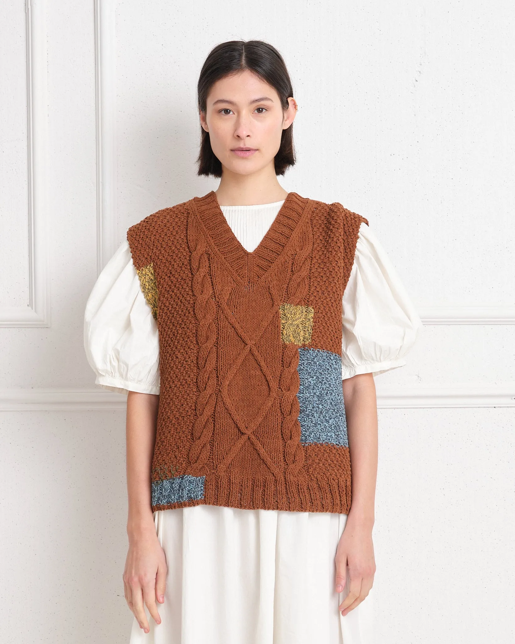 Cable Knit Vest - Brown Darn-Knit