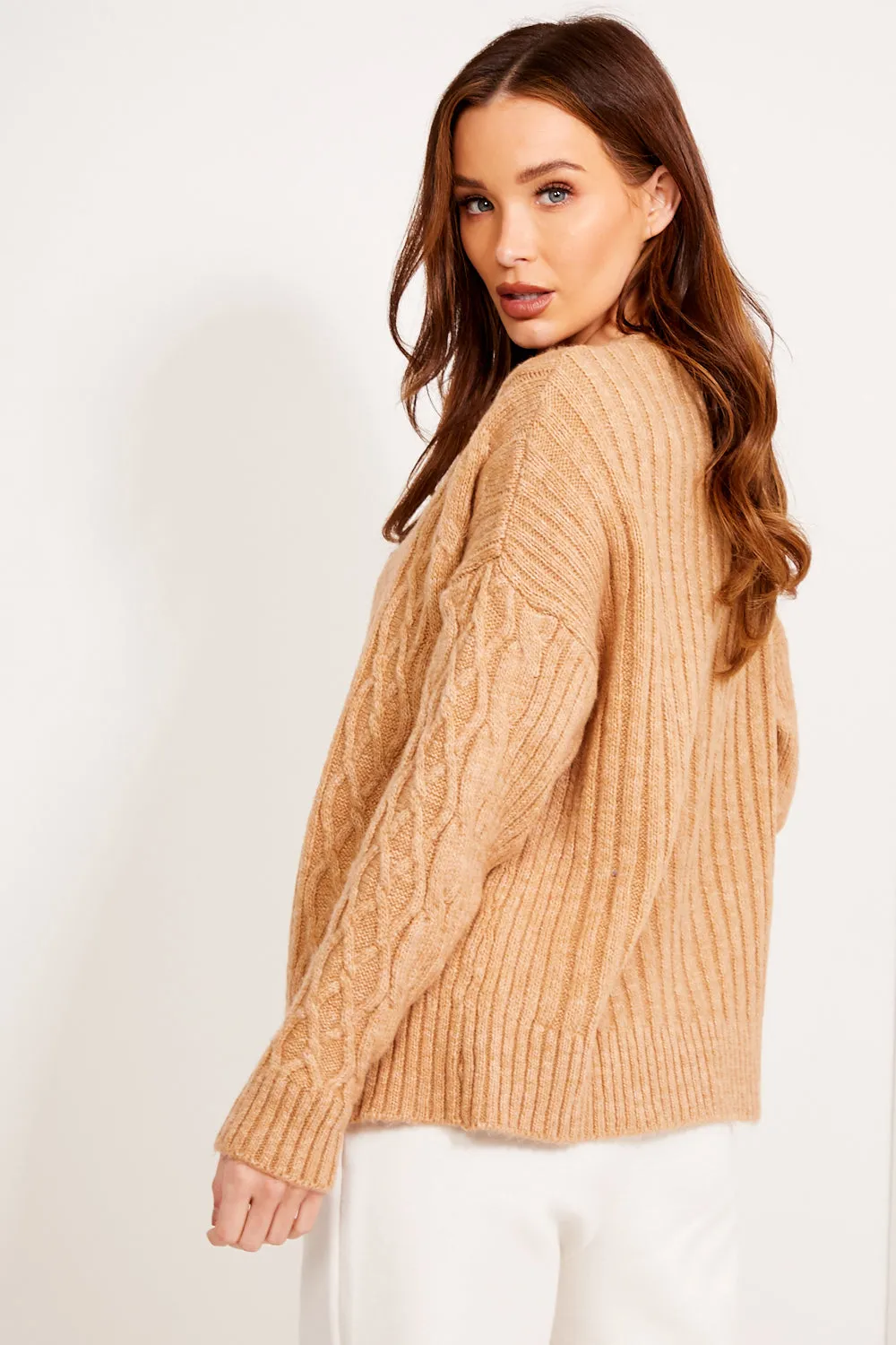 Camel Cable Knit Button Up Cardigan