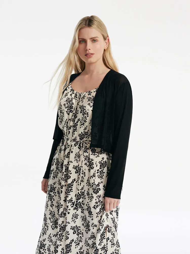 Camellia Printed Spaghetti Strap Dress And Knitted Cardigan Two-Piece Set