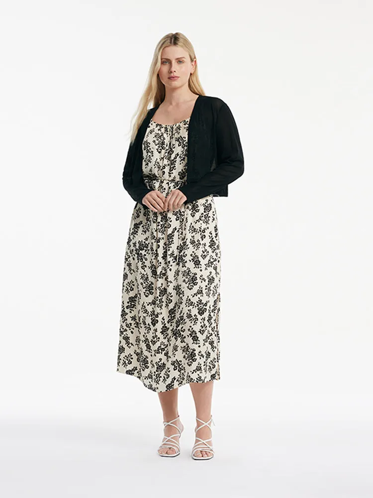 Camellia Printed Spaghetti Strap Dress And Knitted Cardigan Two-Piece Set