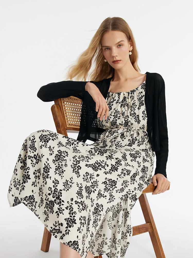 Camellia Printed Spaghetti Strap Dress And Knitted Cardigan Two-Piece Set