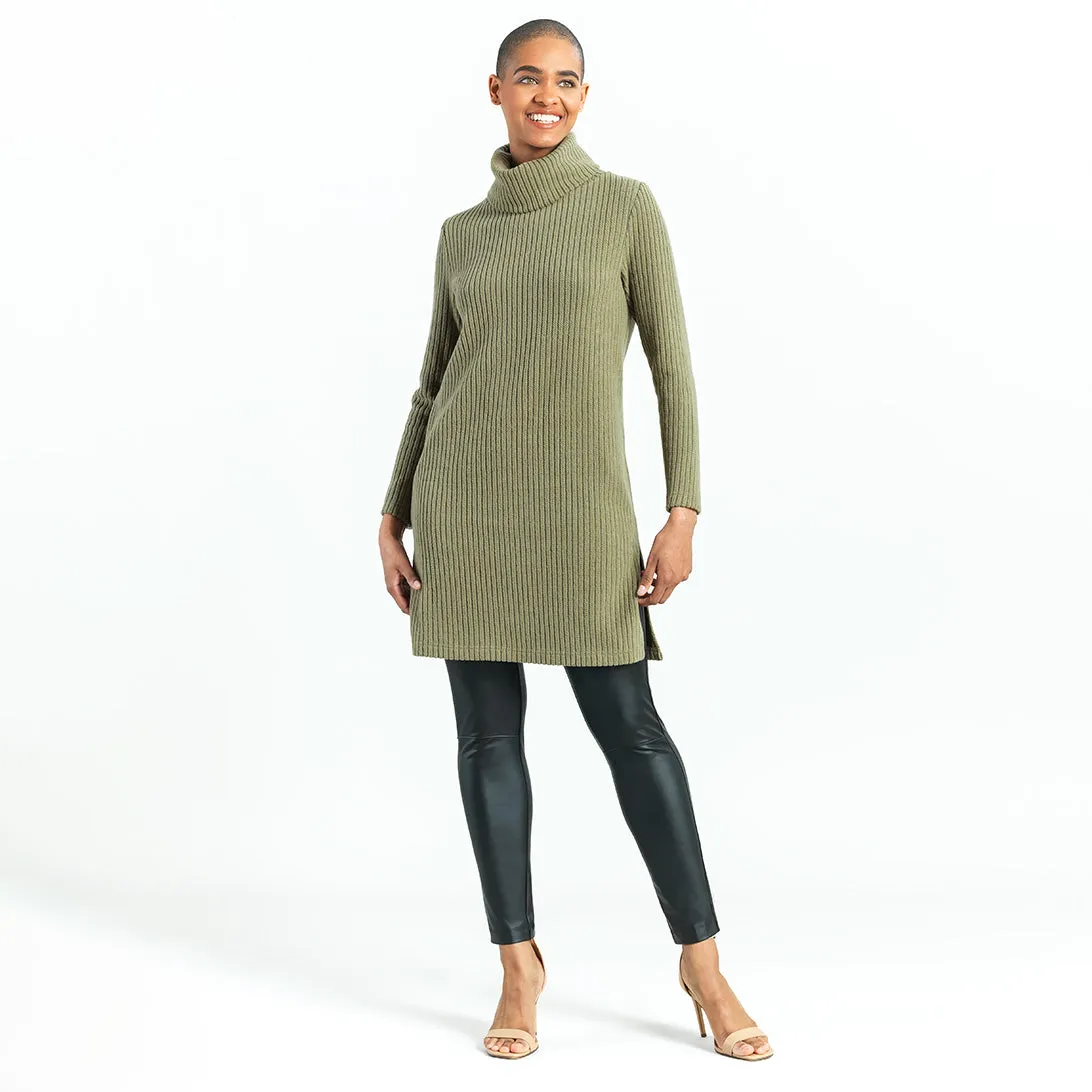 Chunky Ribbed - Cowl Turtleneck Sweater Tunic - Olive - Final Sale!