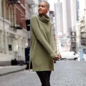 Chunky Ribbed - Cowl Turtleneck Sweater Tunic - Olive - Final Sale!