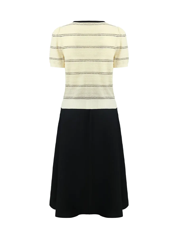 Contrast Trim Striped Knit Top And Half Skirt Two-Piece Set