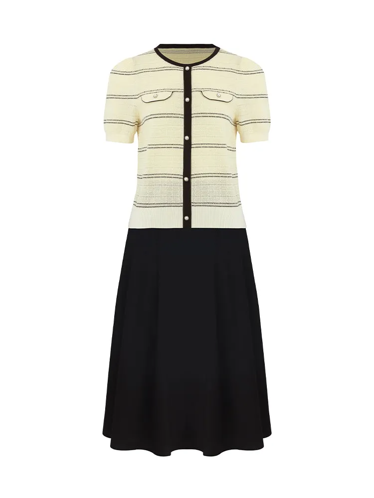 Contrast Trim Striped Knit Top And Half Skirt Two-Piece Set