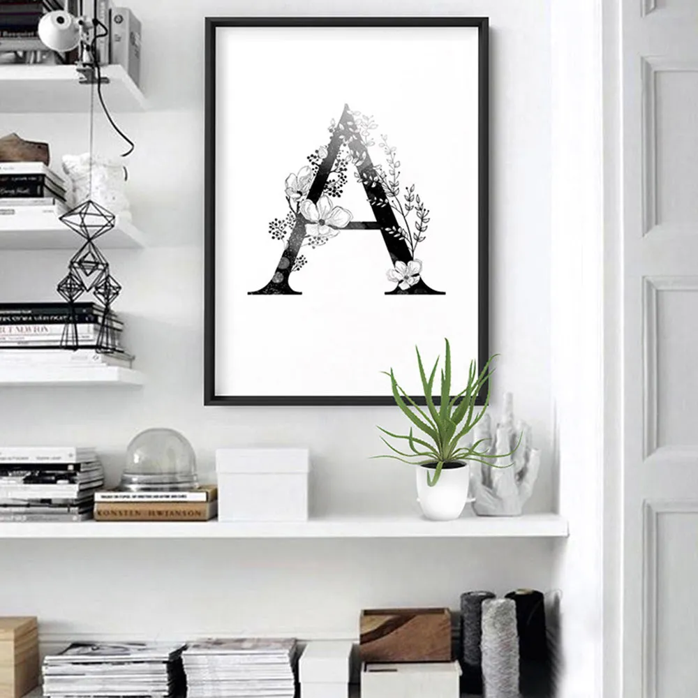 Custom Personalised Floral Watercolour B&W Initial - Art Print