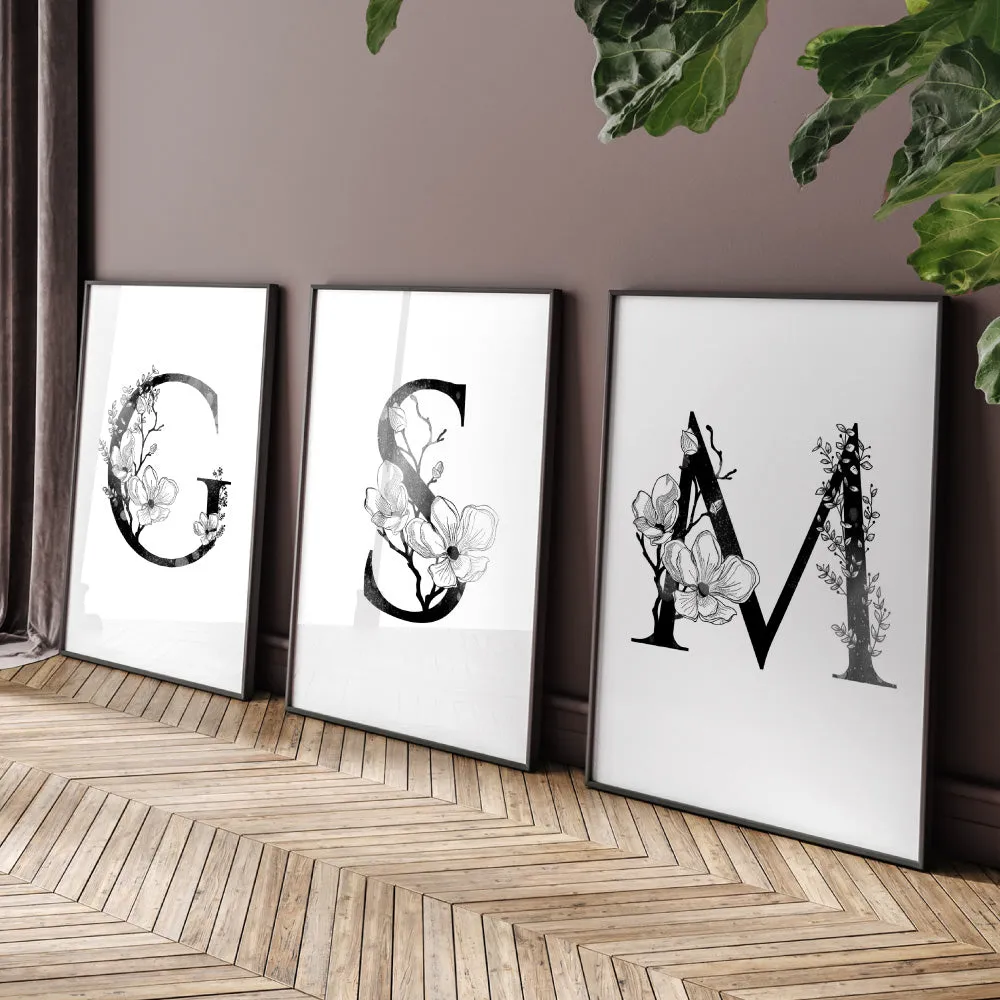 Custom Personalised Floral Watercolour B&W Initial - Art Print