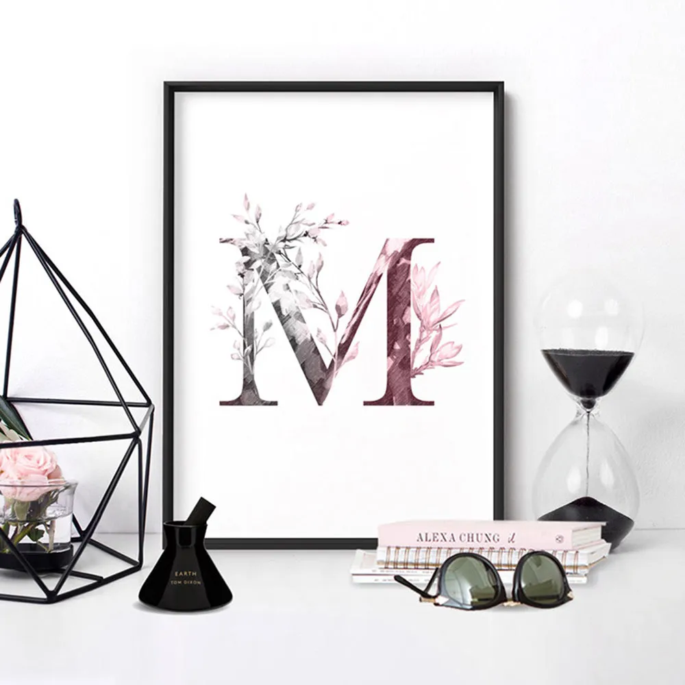 Custom Personalised Floral Watercolour Grey & Blush Initial - Art Print