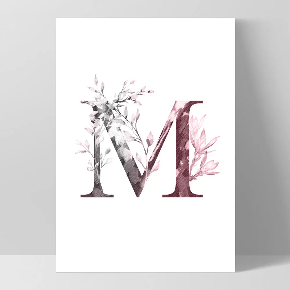 Custom Personalised Floral Watercolour Grey & Blush Initial - Art Print