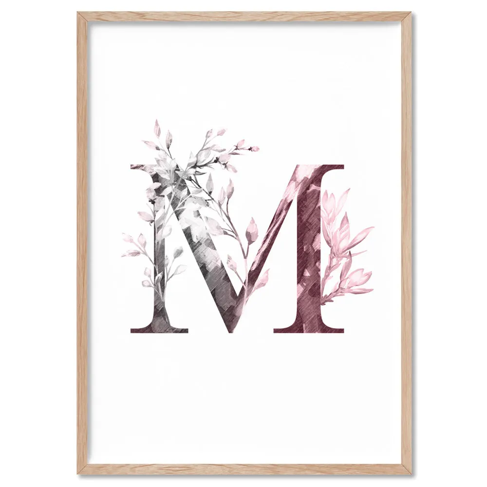 Custom Personalised Floral Watercolour Grey & Blush Initial - Art Print