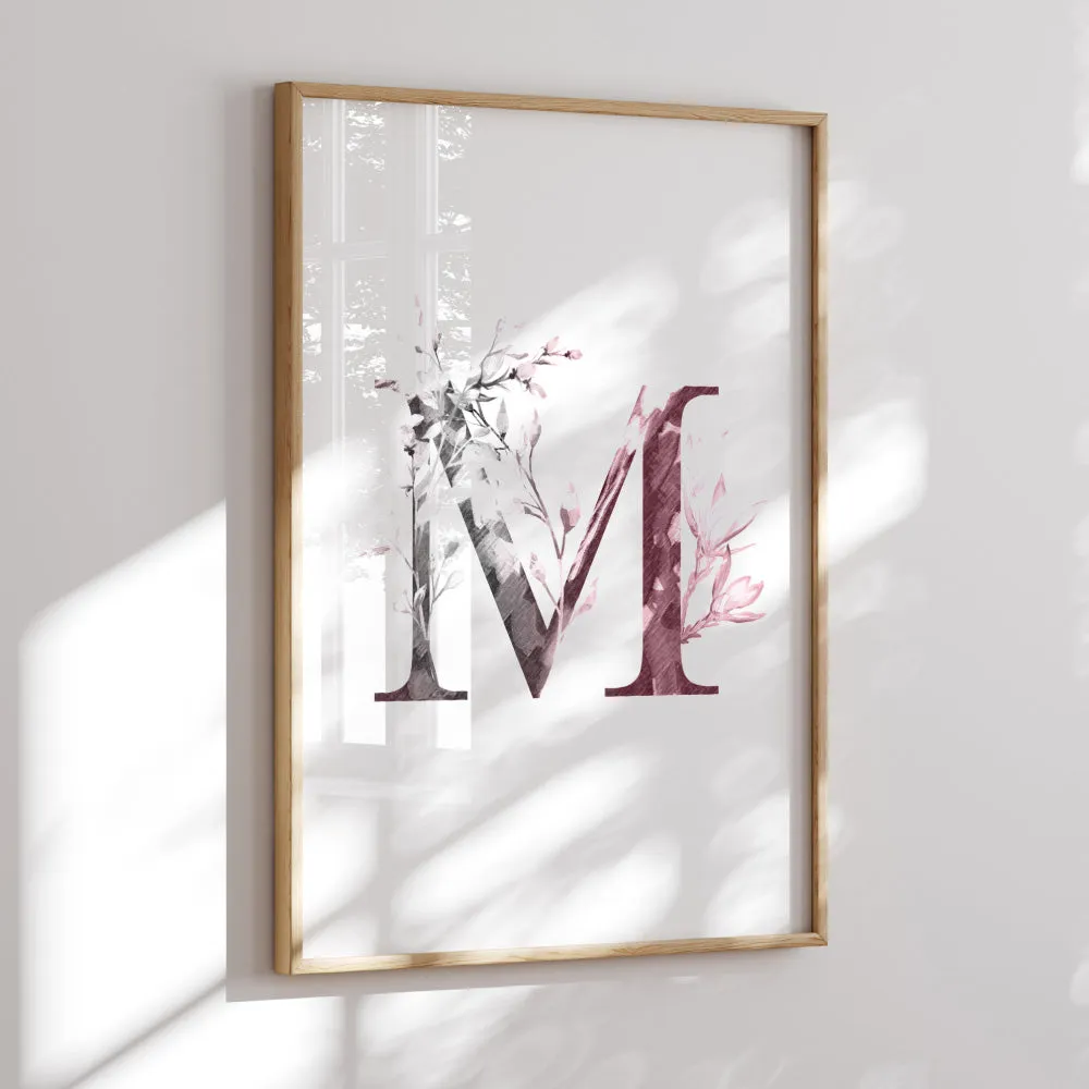 Custom Personalised Floral Watercolour Grey & Blush Initial - Art Print